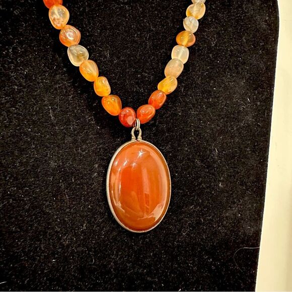 Vintage carnelian Sterling silver Orange red Beaded vintage carnelian necklace - Picture 2 of 12